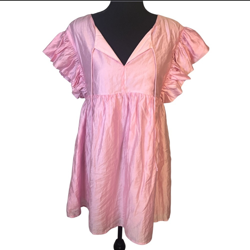 Storia Pink Babydoll Mini Dress Sz M V Neck Flitter Sleeves Satin Sheen Rush